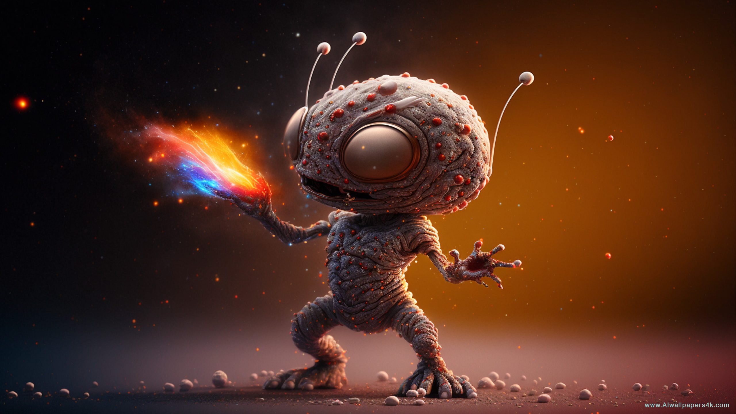 Alien on Milky Way galaxyaction pose red nose render