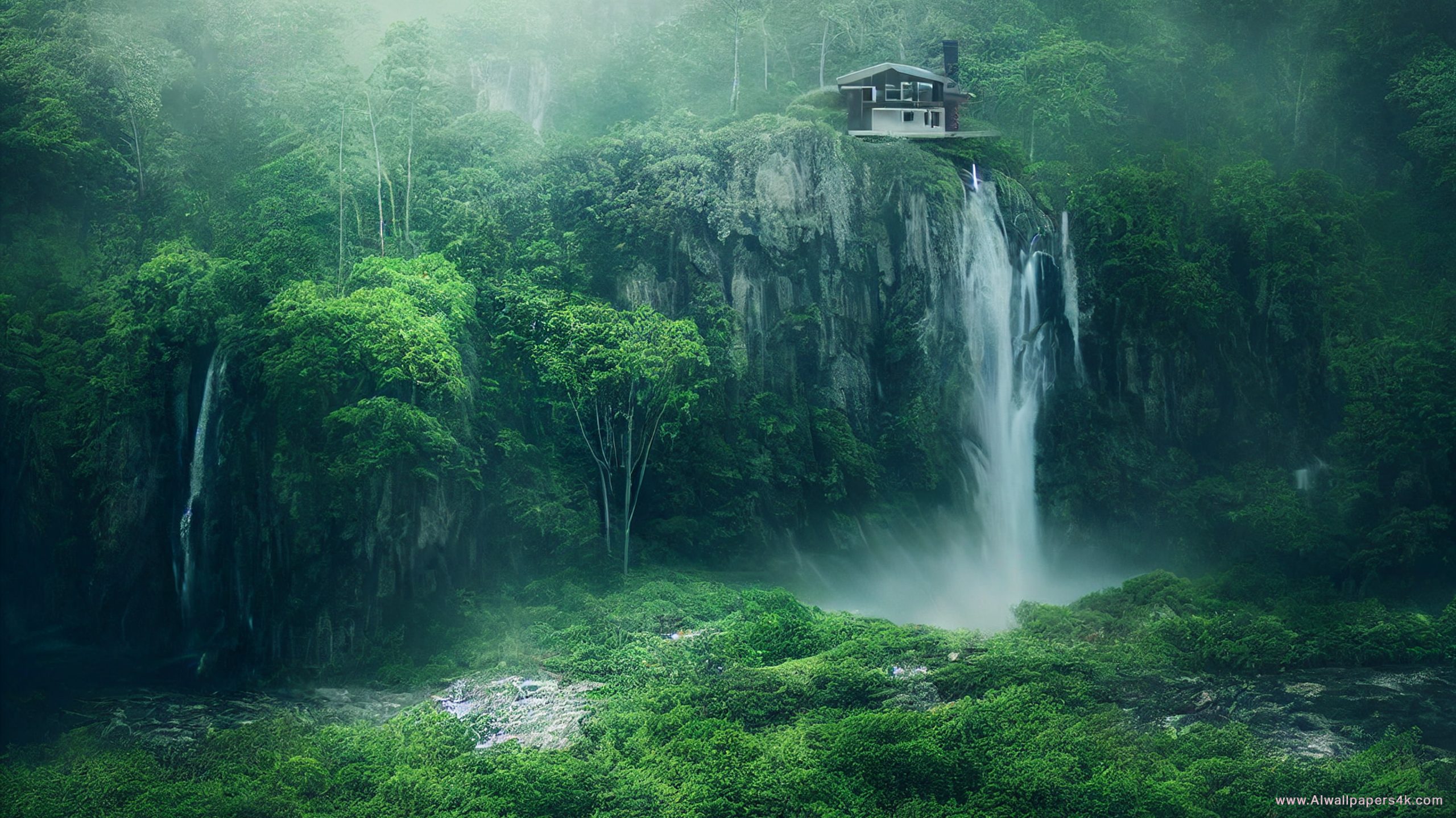 Ghost Services Wide-angle Fatansy waterfall house on a cliff