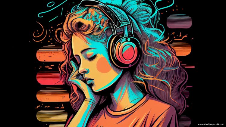 A pretty girl with headphones listens to music